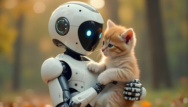 A robot carefully picking up a kitten with gentle hands, displaying empathy and tenderness, blending technology with compassion and highlighting a human-like connection with animals.