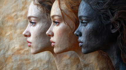 Obraz premium Three portraits showcase distinct beauty through different tones and expressions, highlighting diversity and individuality in an artistic manner