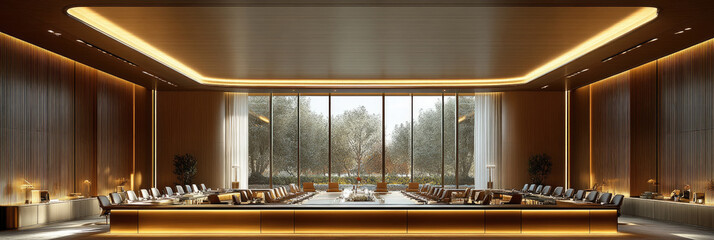 A spacious conference room features stylish furnishings, ample seating, and large windows showcasing a serene outdoor landscape