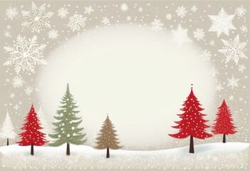 Fototapeta premium Eine festliche Weihnachtskarte mit bunter Winterlandschaft, Weihnachtsbäumen und Schneeflocken, großzügigem Textfreiraum in der Mitte für persönliche Grüße. Fröhlich und einladend. Generative KI.