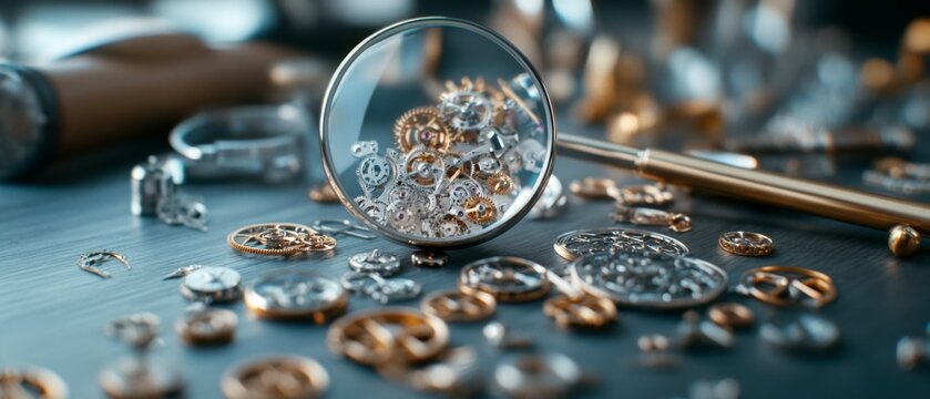 Intricate watch gears and cogs scattered, magnified under a lens, capturing the art of horology and the complexity of timekeeping components.