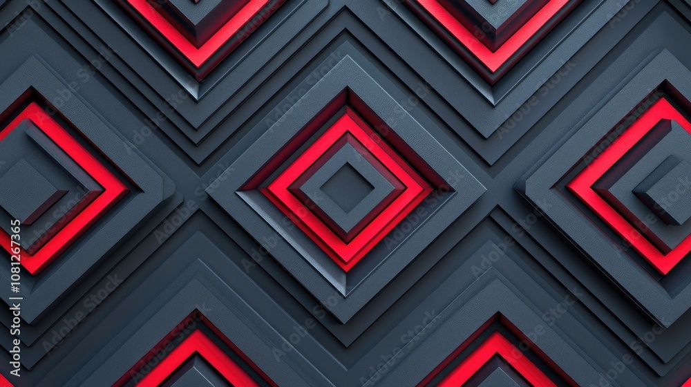 Poster abstract geometric pattern with layered squares in bold red and dark gray tones creating a modern de