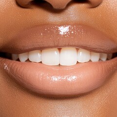 Obraz premium close up of a person's mouth with healthy teeth and well groomed, after teeth whitening, garden background.
