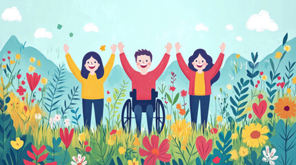 Three people joyfully raise their hands in a colorful garden filled with flowers, enjoying a sunny day amidst beautiful mountains