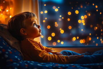 A little boy laying on a bed looking out a window at the lights