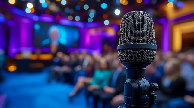 The microphone is positioned in front of an attentive audience as they eagerly await a speaker at a vibrant evening event in a well-lit venue