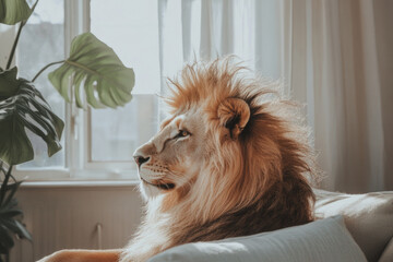 A regal lion with a flowing mane sits thoughtfully on a couch, gazing out a bright window, blending the wild with a tranquil indoor setting.
