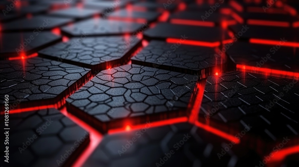 Poster Abstract futuristic background with glowing red lines on dark surface, featuring hexagonal shapes and intricate patterns for technology and science themes