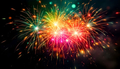 Fototapeta premium Fireworks explode in vibrant, unusual colors like greens, turquoises, and purples, creating a spectacular display of unexpected hues against the night sky.