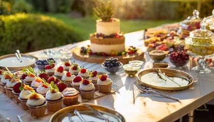 Fototapeta premium Luxury Dessert Table With a Selection of Vegan Cakes, Gluten-Free Muffins, Fresh Fruit, and Coconut Cream Garnishes for an Indulgent and Guilt-Free Dining Experience