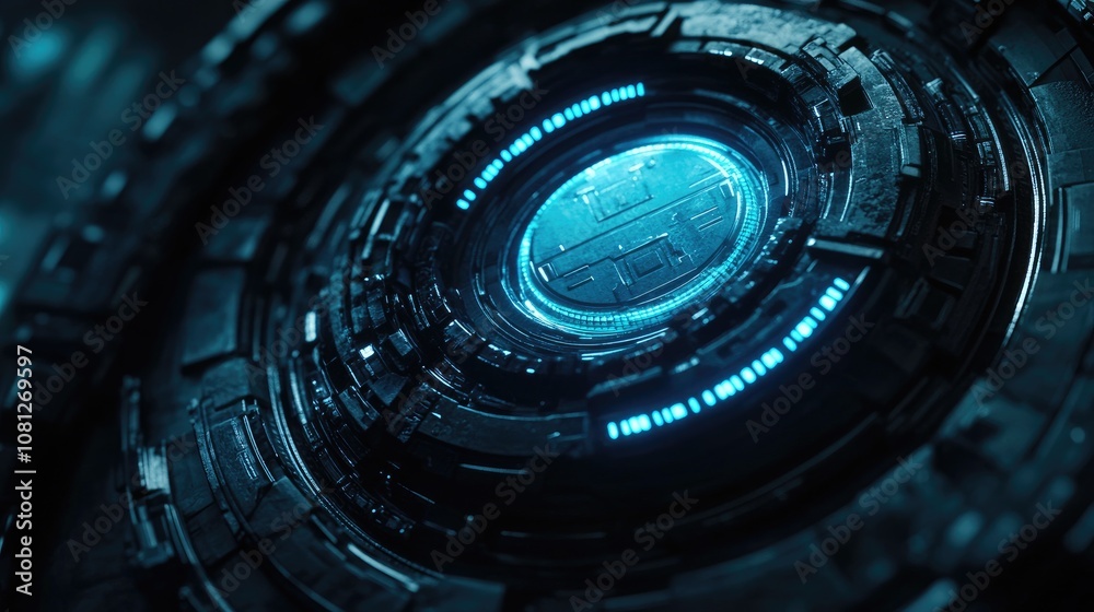 Poster futuristic abstract technology background featuring a blue glowing circular element surrounded by in