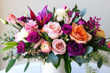 This elegant bouquet features a beautiful combination of pastel and vivid roses, contrasted by lush green foliage, creating an eye-catching floral centerpiece.