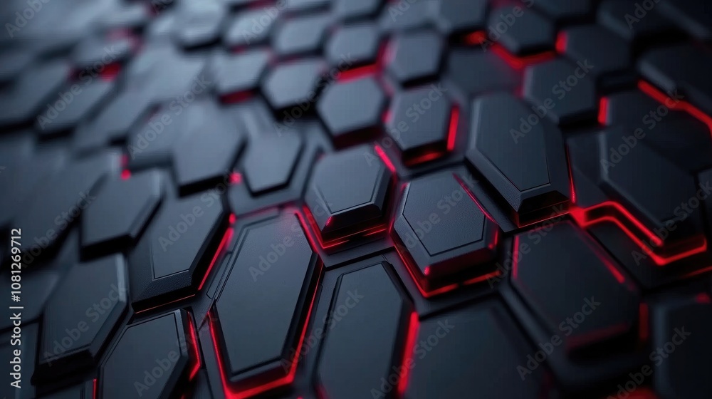 Poster futuristic hexagonal pattern with glowing red elements on a dark surface, ideal for technology or sc