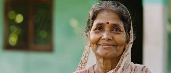 Fototapeta premium An elderly woman with a warm smile and a bindi stands against a soft green background, exuding serene wisdom and cultural richness.