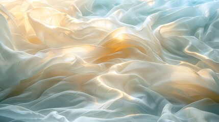 Obraz premium Flowing White Silk Fabric Texture with Soft Yellow Backlight, Creating An Elegant Background