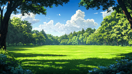 Fototapeta premium A lush green field framed by trees under a bright blue sky with fluffy white clouds.