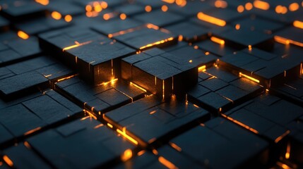 Obraz premium Abstract digital landscape featuring glowing elements between dark geometric blocks, creating an intriguing and futuristic visual texture for technology and design projects