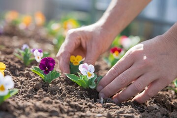 Spring Planting: Hands Gently Placing Pansies in the Garden.  Close-up view of hands carefully planting vibrant pansies in rich soil.