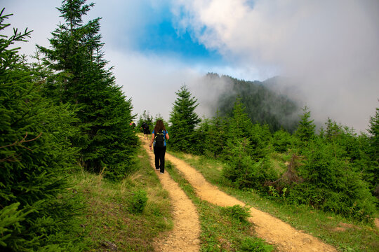Group of experienced hikers hiking in beautiful mountains in Kackarlar (Ka&ccedil;kar Mountain Range), popular route, Turkey. Pokut Plateau Hiking Route.