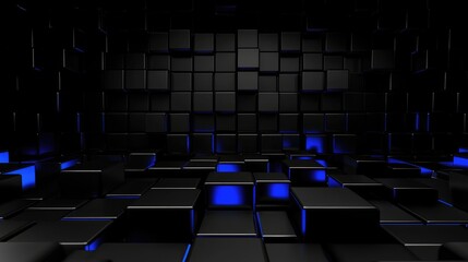 Fototapeta premium Abstract Black and Blue Cubes with Modern Technology Aesthetic in a 3D Space for Creative Backgrounds, Wallpapers, and Graphic Designs