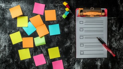 Checklist and Sticky Notes: A flat lay showcasing a clipboard with a checklist, a pen, and colorful sticky notes scattered around, symbolizing organization and planning.  