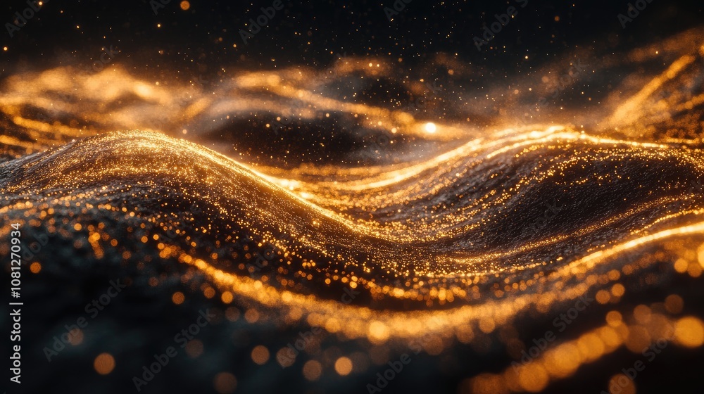 Poster abstract shimmering golden waves with glowing particles, creating a mesmerizing visual effect of lig
