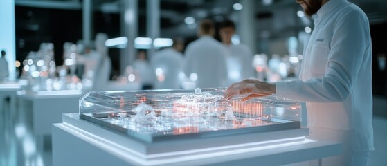 Obraz premium Scientists in futuristic white attire examine a glowing model in a sleek laboratory, embodying cutting-edge innovation.