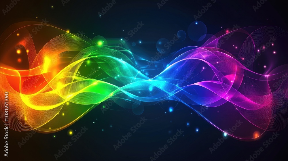 Poster vibrant waves of colorful light creating a dynamic abstract background with sparkling stars in a dar