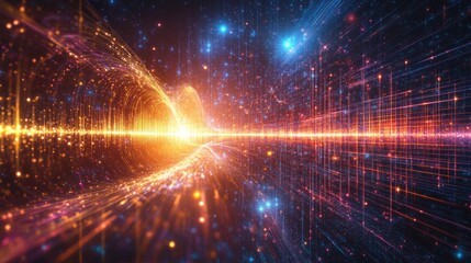 Vibrant Abstract Digital Wave Pattern with Bright Light and Colorful Particles Capturing the Essence of Energy and Motion in Space Environment