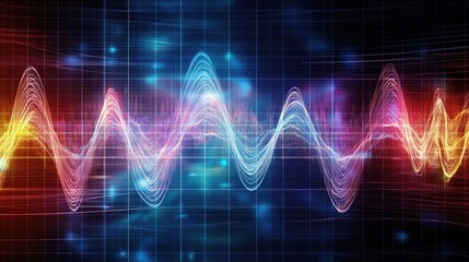 Naklejka premium Vibrant Abstract Sound Waves with Colorful Gradients Representing Music, Energy, and Motion in a Digital Visualization of Audio Frequencies
