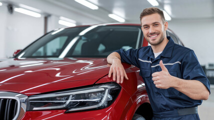 A man in a blue uniform is standing next to a shiny red car and giving it a thumbs up. He seems to be a mechanic or a car enthusiast, and he is proud of the car's appearance