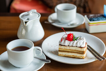  cake on table with tea, dessert, relax time