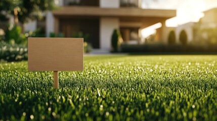 A blank wooden sign stands on a lush green lawn in front of a modern house.