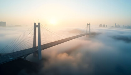 Obraz premium A stunningly modern bridge connecting two cities, surrounded by a mysterious morning fog, creating a dramatic and tranquil scene.