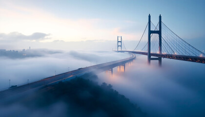 A stunningly modern bridge connecting two cities, surrounded by a mysterious morning fog, creating a dramatic and tranquil scene.