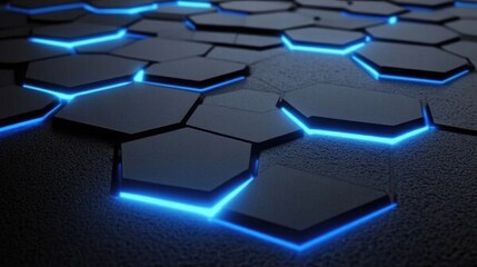 Futuristic Hexagonal Pattern with Neon Blue Glow on Dark Textured Surface for Modern Technology Background or Digital Design Project