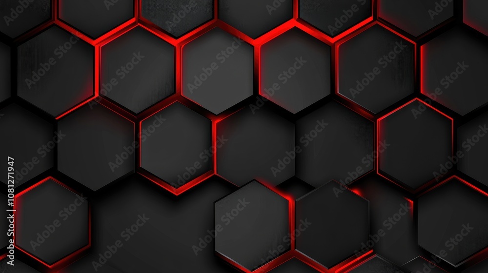 Poster abstract hexagonal pattern with dark surfaces and illuminated red edges, ideal for technology and mo