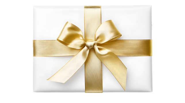 White gift box with golden ribbons on a transparent background. isolated background.