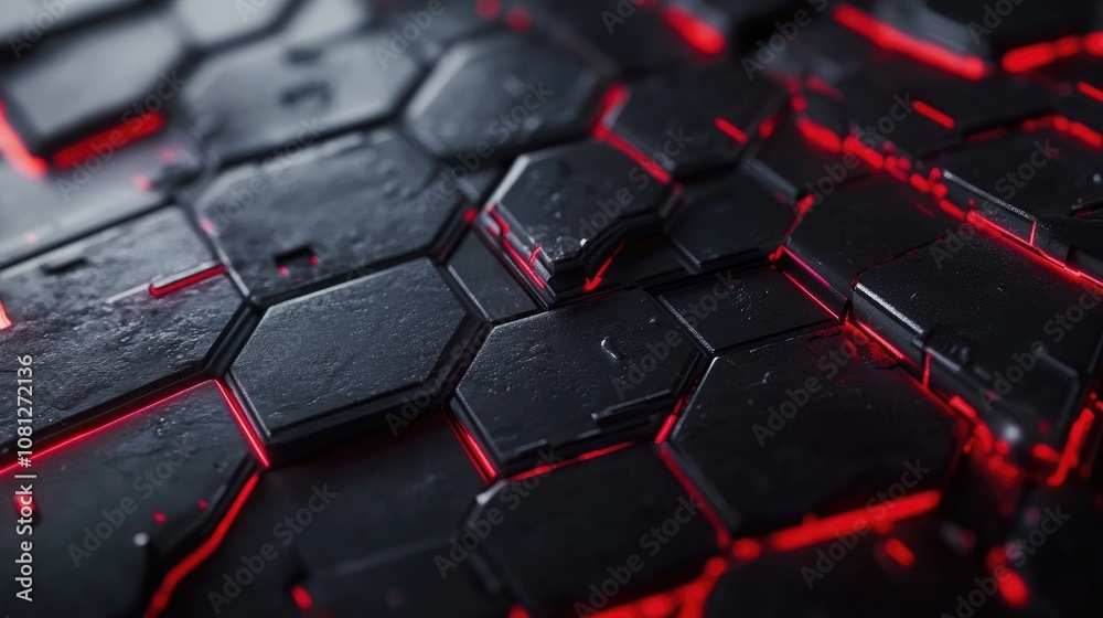 Poster close-up of futuristic hexagonal patterns with glowing red light and textured surface ideal for tech