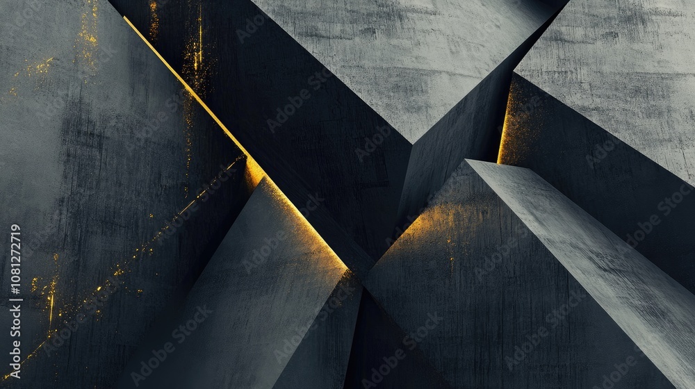 Poster abstract geometric composition with sharp angles and textured surfaces featuring subtle glowing high