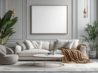 Frame mockup, ISO A paper size. Living room wall poster mockup,
Modern Minimalist Living Room with Gray Sofa, White Coffee Table, and Brown Throw Blanket, Accented by Green Plants and Gold Pendant Lig