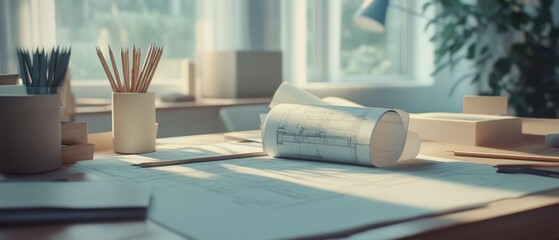 Fototapeta premium Sunlight filters through a window, casting gentle light on architectural blueprints sprawled on a designer's desk, capturing a moment of creative focus.