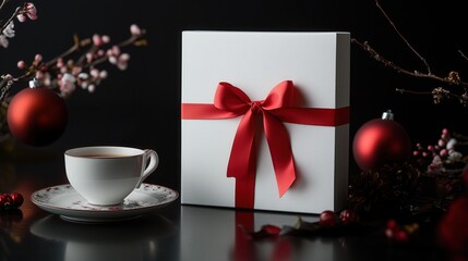 Christmas white gift box tied with red ribbon on the table with cup of coffee - Powered by Adobe