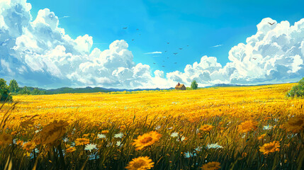 Obraz premium A picturesque field of golden wildflowers with a small farmhouse in the distance under a blue sky with fluffy clouds.
