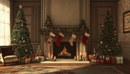 Fototapeta premium classic living room decorated for Christmas with stockings hanging on the fireplace and empty artwork frame