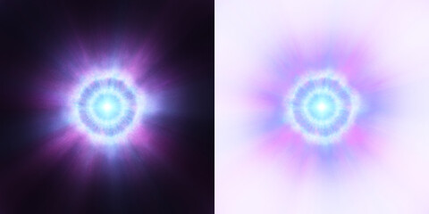 A radiant blue and purple energy burst with soft light rays, emanating from a central point on a dark background, accompanied by a transparent alpha version for versatile use