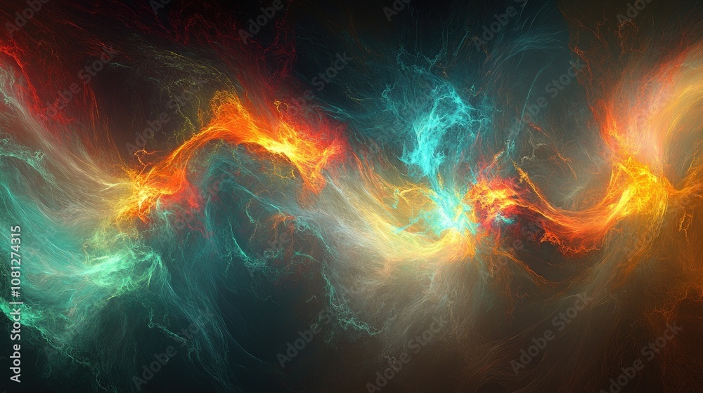 Poster abstract swirling energy forms in vibrant colors creating a dynamic background with fluid motion and