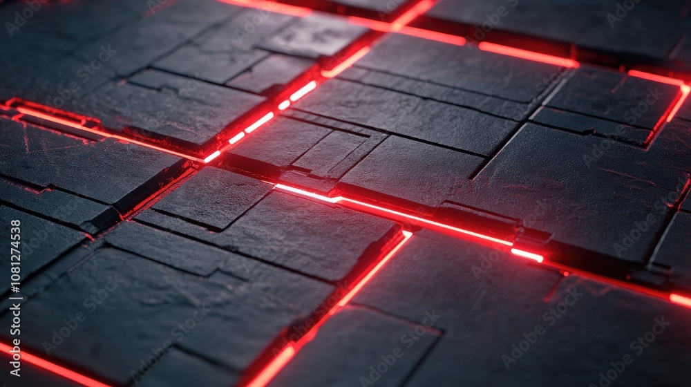 Poster futuristic abstract background with glowing red lines and dark textured tiles for technology and sci