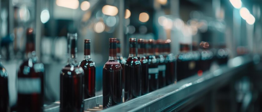 A row of dark glass bottles meanders through a bright factory setting, capturing the streamlined precision of mass production.