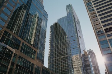 Tall, sleek skyscrapers under a blue sky reflect sunlight, creating a dynamic urban cityscape alive with modern architecture and vibrant energy.
